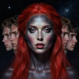 stunning goddess of space portrait, pale redheaded, dark skin. dramatic light. realistic, symmetrical face. art by bowater charlie, mark brooks, julie bell, arian mark, tony sandoval