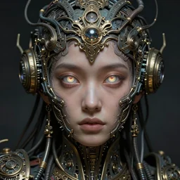 beautifully stunning stonepunk woman_integrating_with_technology_full_face_insipiring_detailed_intricate_ornate_cables_connected_to_head_big_open_electric_eyes_ the_singulairty is now by Hironaka, Harumi
