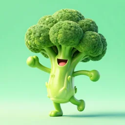 a 3d render of a smiling happy broccoli, he is dancing, vivid colors