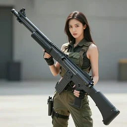a beautiful woman carrying a giant oversized gun, real photo