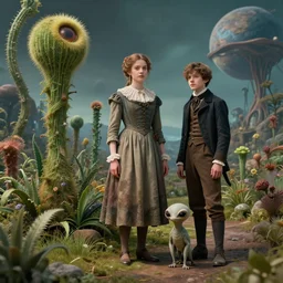 detailed, sharp, a girl and a boy standing next to some strange wild alien plants, wearing 1860s era clothes, their small pet tiny alien creature is standing nearby, in a park on a strange alien planet, highly detailed, hyperrealism, award winning photograph, 4k, cinematic lighting