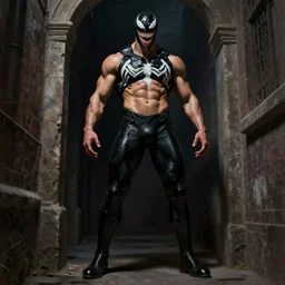 wide shot low angle hyper realist detailed elegant renaissance portrait painting of slim handsome bodybuilder marvel comics venom!!, full figure!!!, coming out of the shadows in a dark alley by artgerm and greg rutkowski, sharp focus, unreal engine 5