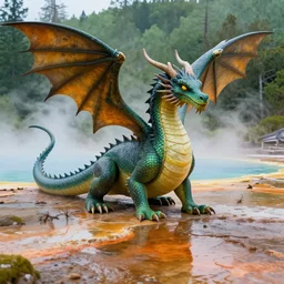 highly detailed photograph of a dragon in a colorful hotspring with forest backdrop, featured on artstation