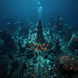 hyper realistic, top down view, high detail photo of city of atlantis, underwater, lights on, beautiful, dreary lighting