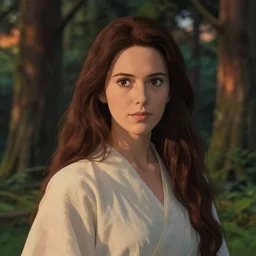 portrait of woman, forest background, long brown hair, shallow depth of field, cloth, princess mononoke, 4 k, greg rutkowski, high detail, dramatic lighting, sunset, hayao miyazaki, masashi ando, nizou yamamoto, kazuo oga, joe hisaishi, yoji takeshige, naoya tanaka