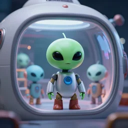 high quality presentation photo of cute alien robots inside a retro flying saucer with large windows, photography 4k, full body, f1.8 anamorphic, bokeh, 4k, Canon, Nikon