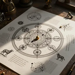 an infographic on how to create a summoning circle, arcane patterns, scattered small objects, text, illustrations of animals, ink on paper