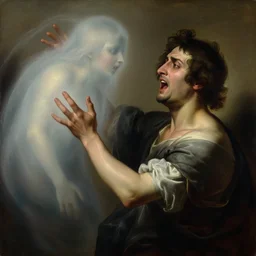 beautiful oil matte portrait painting, man reaching for a ghostly apparition in immense pain, wonderful masterpiece highly detailed, beautiful cinematic light deep focus, elegant, digital painting, smooth, sharp focus, golden ratio, dramatic illumination, ultra realistic, 8 k, art by artemisia lomi gentileschi and caravaggio