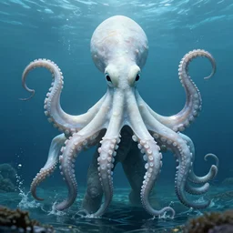 enormus humanoid coming out of the ocean. octopus head. water hip deep, white rubbery skin
