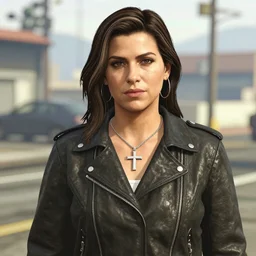Sarah Michelle Gellar wearing a black leather jacket and a silver cross around her neck in GTA 5