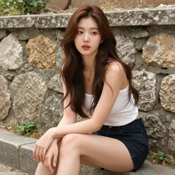 portrait of beautiful young korean woman with long brown hair, sitting on stone wall, digital art by tom chambers, vibrant color scheme, intricately detailed, cinematic, artstation,