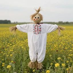 a scarecrow wearing white clothes in a field of wildflowers. folk horror