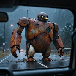 giant rust robot penguin destroyed in a middle of road, in rainy night, the photo as taken inside of car, concept art by simon stalenhag