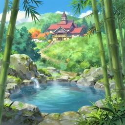 a natural hotspring on the outskirts of a colorful kitsune wizard college, anime movie background, key visual, bamboo, a fantasy digital painting by makoto shinkai, trending on artstation, highly detailed