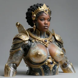 intricate slightly iridescent and tanslucent realistic bust of futuristic obese fierce beautiful cybernetic astronaut black girl empress, onyx and gold, soft light