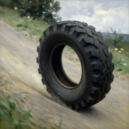 tire rolling downhill, james ensor rolling in front of it by james ensor