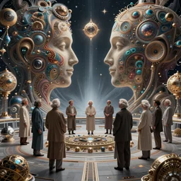 the council of elders, standing on a space station, fantasy landscape made of fractals facing each other, ultra realistic, wide angle, intricate details, the fifth element artifacts, highly detailed by peter mohrbacher, hajime sorayama, wayne barlowe, boris vallejo, aaron horkey, gaston bussiere, craig mullins