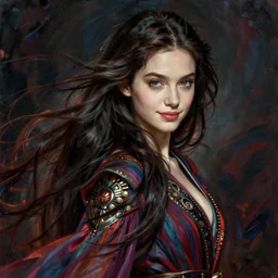 facial portrait of a young pretty woman in flowing dress, arrogant, mysterious, long fine flowing hair, delicate, looking at camera, slightly awkward smile, realistic face, no hands visible, intricate, stylish, elegant, grimdark fantasy, vibrant, extremely detailed painting by Greg Rutkowski and Ernst Haeckel and Martine Johanna