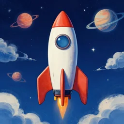 a frontal drawing of a trippy rocket centered with a dark blue background and clouds and planets by inio, beeple and james jean, aya takano color style, trippy, 4 k, super detailed, night sky, digital art, digital painting, clean