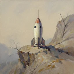 abandoned dirty tiny rocket ship, distant knotted branches, extremely detailed rocky crag, unfinished canvas, dry brush texture, strokes visible, wash, alpine climate