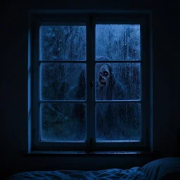photo of dark blue rainy bedroom window at night, creepy face staring in through the window,