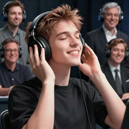 vitalik buterin in big headphones with closed eyes listens to music and smiles, wayne barlow, bao pham, donato giancola, larry elmore, masterpiece, trending on artstation, featured on pixiv, cinematic composition, beautiful lighting, sharp, details, hyper - detailed, hdr, 4 k, 8 k