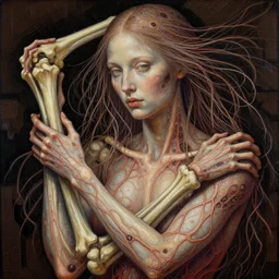 a beautiful surreal illustration of a beautifull woman, very thin tendrils, blisters networked with blood vessels, grasping arms, bones, highly detailed, liquid oilpaint, doug chiang, gustave dore, leonardo da vinci, trending on artstation, industry, lucid and intricate, rectilinear, digital art, octane, redshift, vray, 8 k, 6 4 megapixels, zbrush central, behance hd, hypermaximalist, well rendered