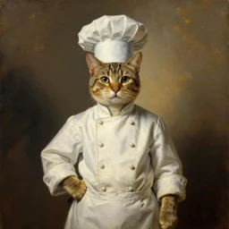 cat wearing a chef suit proudly posing for a portrait. centred. painted by rembrandt. intricate, ultra - detailed painting. atmospheric lighting. golden hour