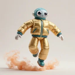 a single jumping slender figurine of a tall giant inflated space man wearing over sized gold teal puffy bomber jacket, long bendy arms and legs, googly eyes, tareme eyes, small head, personification, dynamic pose, detailed product photo, tone mapped, beautiful composition, orange mist swirling at feet, 8 5 mm, f 5. 8, soft lighting