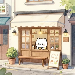 beautiful cute cozy very little cafe on a cobblestone street, cute cartoon, watercolor, 4 colors