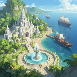 A trading port near the ocean in a beautiful elven city made of white marble, anime, lush trees, fountain, large ships, a fantasy digital painting by Greg Rutkowski and James Gurney, trending on Artstation, highly detailed