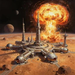 oil sci fi painting of human colony city on planet mars with huge explosion in background, octane rendering, trending on artstation, by, studio ghibli, michael whealan and james gurney