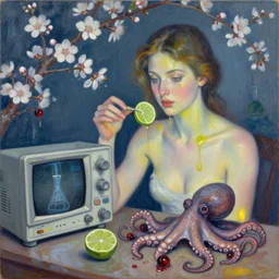 lime drips, portrait of a female art student, scientific glassware, oscilloscope, x - ray, sensual, sweet almost oil, almond blossom, squashed berries dripping, octopus, candlelight, neo - impressionist, surrealism, acrylic and spray paint and oilstick on canvas