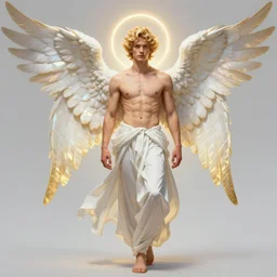 fullbody portrait of a beautiful young fit male angel with curly blond hairs, dressed in fluent clothes around the legs, majestic symmetrical big eagle wings, luminous halo, by greg rutkowski and alphonse mucha, gradient white to gold, in front of an iridescent background, highly detailed portrait, digital painting, artstation, concept art, smooth, sharp focus illustration