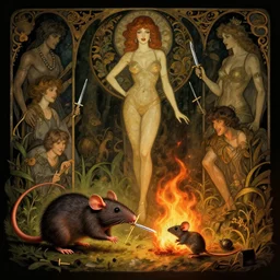 rats and mice fight with toothpicks like swords, on fire, rebirth of nature concept art by artgerm, tooth wu, dan mumford, beeple, rossdraws, james jean, marc simonetti and alphonse mucha. just one lonely black tape project attctive showgirl!! full body!! contour light effect!! hd, 4 k, stage light. octane render. sharp edge. ultra clear detailed