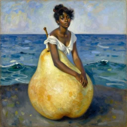 vintage beautiful painting of a beautiful black woman sitting on a giant pear in the middle of the ocean in Mary Cassatt style