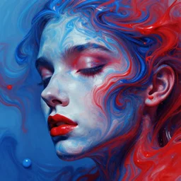 dreaming face, swirling liquids, paints mixing, blue and red, digital art