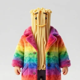 anhropomorphic ramen noodles in a rainbow coat, hyperrealistic, 4k, photography