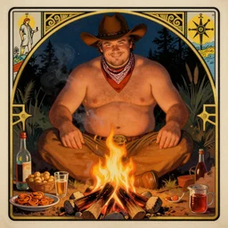 a handsome chubby shirtless man wearing a cowboy hat and a bandana around his neck sits behind a campfire at night. in front of the campfire is an assortment of food and beverages. the man is smirking mischievously. painting, tarot card, art deco, art nouveau. in the style of Mark Maggiori. trending on artstation.