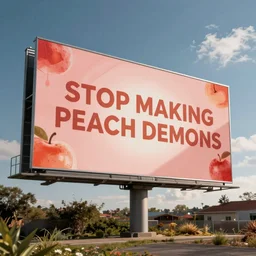 a gigantic billboard that reads “STOP MAKING PEACH DEMONS”