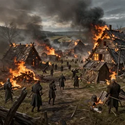 An village being burned down by the vikings, fantasy art, octane render, hyperrealistic, artstation, 8k