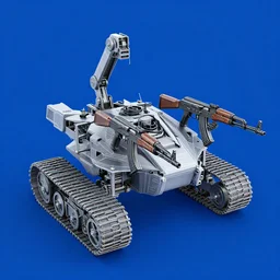 A blueprint of tracked robotic fighting machine holding four AK-47s.