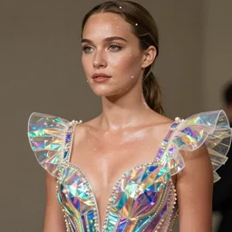 young nathalie portman wearing a risque outfit made from iridescent material, half body portrait, greg kutkowski, sharp details, soft lighting, subsurface scattering, pearls of sweat, glistening skin, warm lighting