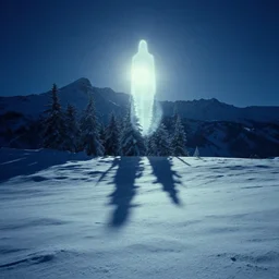 the first snow on a young earth, majestic landsacpe, long shadows, glowing ghost, still frame from the voyage of time movie by terrence malick with cinematogrophy of christopher doyle with art direction of giger, arri alexa, ultra wide anamorphic lens flares, 8 k