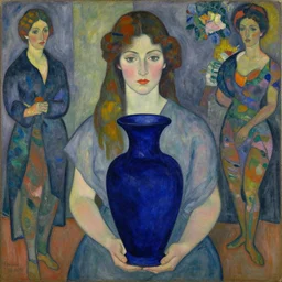 woman with painted vase with vase. deep dark indigo blue. henri de toulouse - lautrec, ferdand hodler, egon schiele, gauguin, utamaro