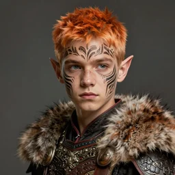 portrait painting of an elven male teen with short light orange hair and tribal tattoos on his face wearing fur armor, ultra realistic, concept art, intricate details, eerie, highly detailed, photorealistic, octane render, 8 k, unreal engine. art by artgerm and charlie bowater and magali villeneuve and alphonse mucha
