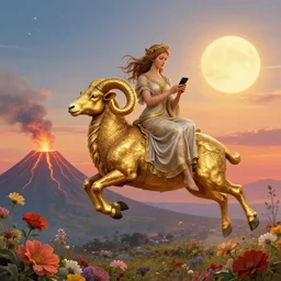goddess by josephine wall, sitting on flying golden ram, checking her phone, erupting volcano in distance, flowers in foreground, sun setting on right side of image, stars in sky on left side of image, trending on artstation, fantasy, intricately detailed