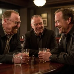 walter white saul goodman and mike ehrmantraut at a bar, drinking, smiling, ultra realistic, cinematic