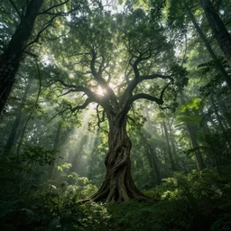 horrific, spectacular tree in a densely overgrown forest, fantasy, dreamlike sunraise, ultra realistic