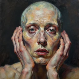 highly detailed and textured painting of a deformed anatomical close - up portrait, emotionally expressive, artistic pose, highly detailed impasto oil painting, dramatic light, 1 6 k, trippy colour palette, cinematic composition, sharp focus, masterpiece by adrian ghenie and jenny saville,